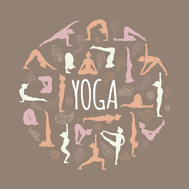 ilustraciones, imágenes clip art, dibujos animados e iconos de stock de yoga plantea. - stretching exercising gym silhouette