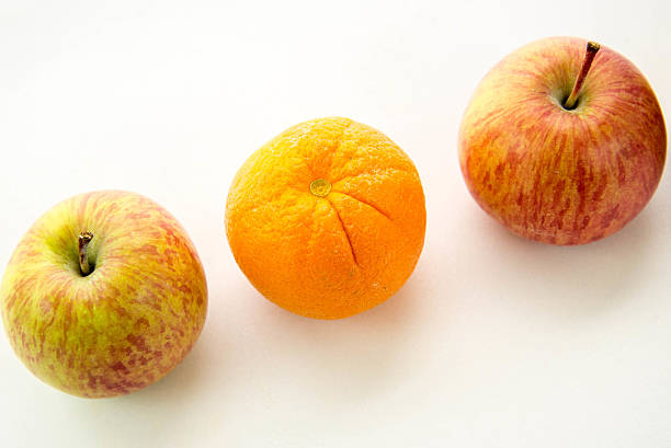 linha de maçãs com uma laranja - apple orange comparison individuality imagens e fotografias de stock