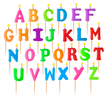 Alphabet in the form of burning candles on a white background