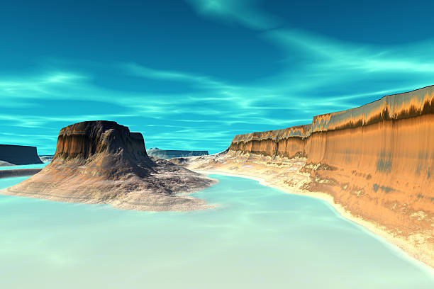 istock 3D rendered fantasy alien planet. Rocks and lake 531293419