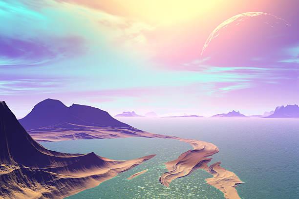 istock 3D rendered fantasy alien planet. Rocks and sea 531294127