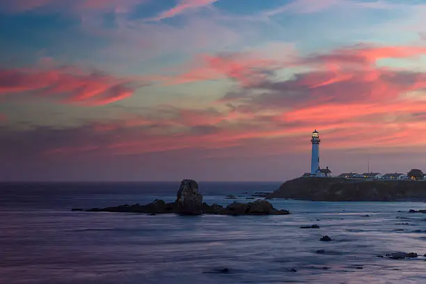 Photo of Lighthouse at sunset, Pigeon Point Lighthouse, Pacific coast, California, USA