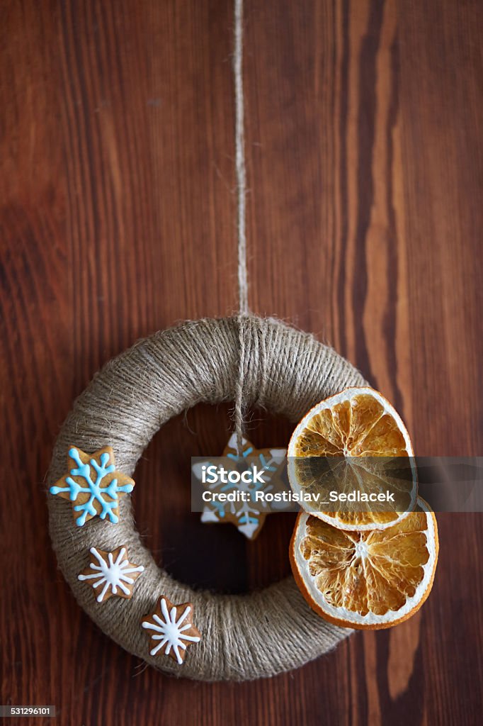 Christmas wreath wrapped jute twine Christmas wreath wrapped jute twine and decorated gingerbread 2015 Stock Photo