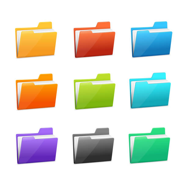 Vector many rainbow folders set on the white Vector Green file folder icon set isolated on blue background stapled paper stock illustrations