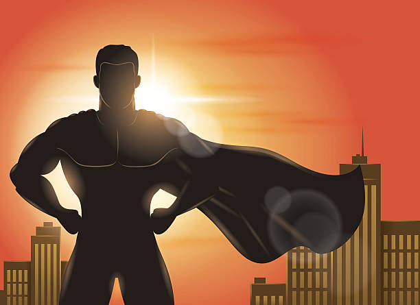 초영웅 입석, 케이프 손 흔드는 풍력 실루엣 - superhero human muscle men city stock illustrations