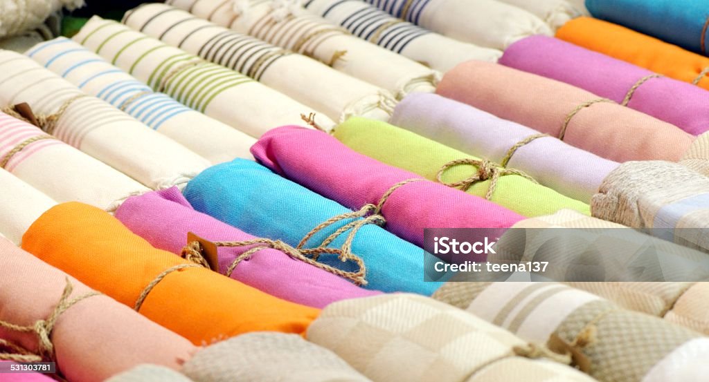 Colorful scarfs Colorful fabric in rolls , closeup shot 2015 Stock Photo