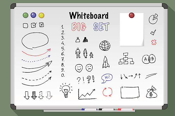 Big whiteboard set. Big whiteboard set. Whiteboard drawn icon, arrows digits lines set. White board markers.  whiteboard stock illustrations