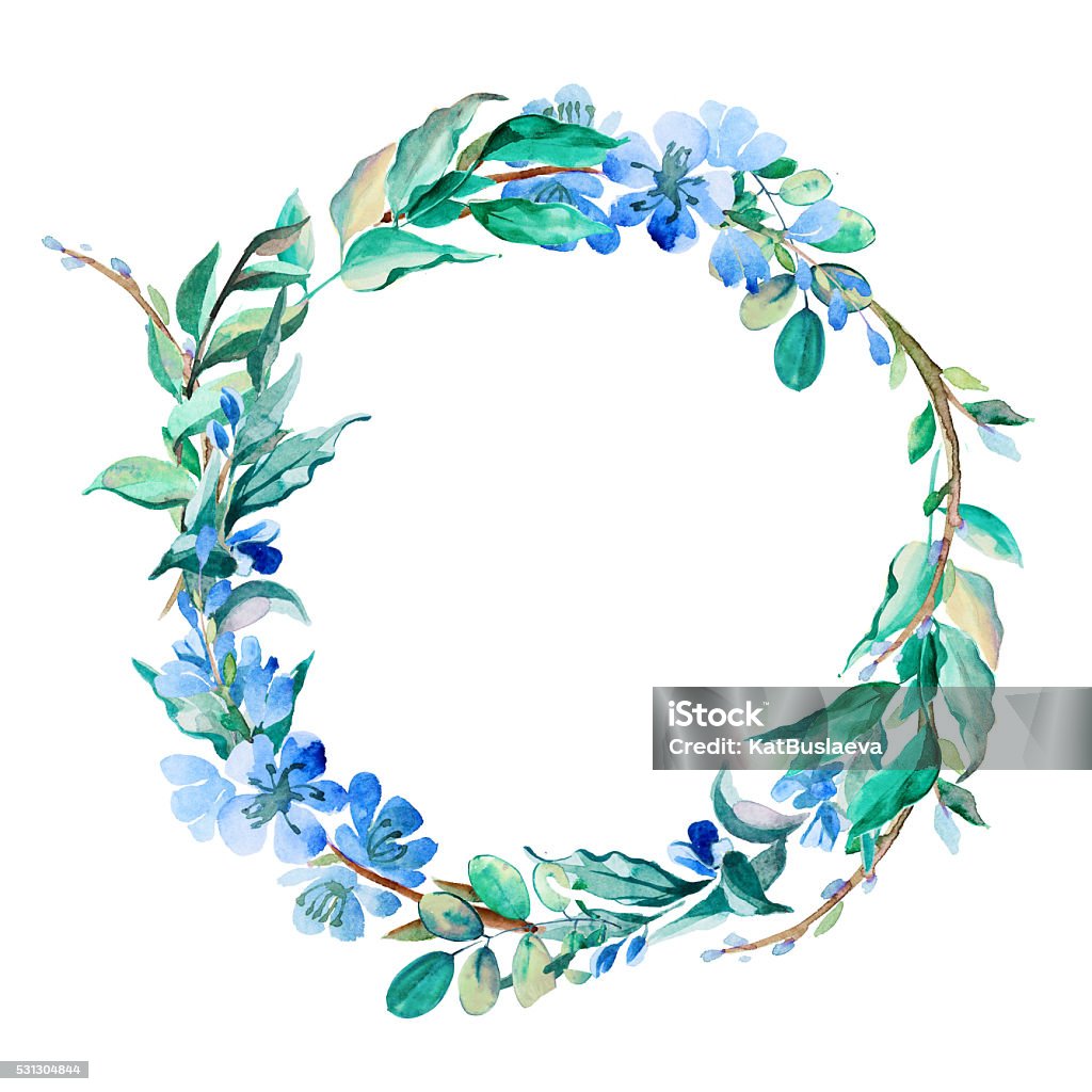 romantic wreath of blue flowers painted in watercolor delicate wreath of blue flowers painted in watercolor Flower stock illustration