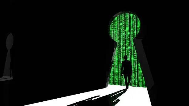 Elite hacker entering a room through a keyhole silhouette 3d illustration information security backdoor concept with green digital background matrix