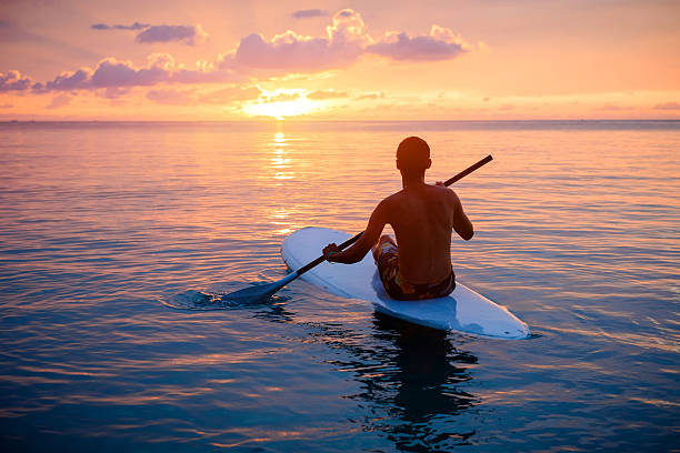 Silhouette of man paddleboarding at sunset Silhouette of man paddling on paddle board at sunset. Watersport near the beach on sunset paddleboard surfing oar water sport stock pictures, royalty-free photos & images