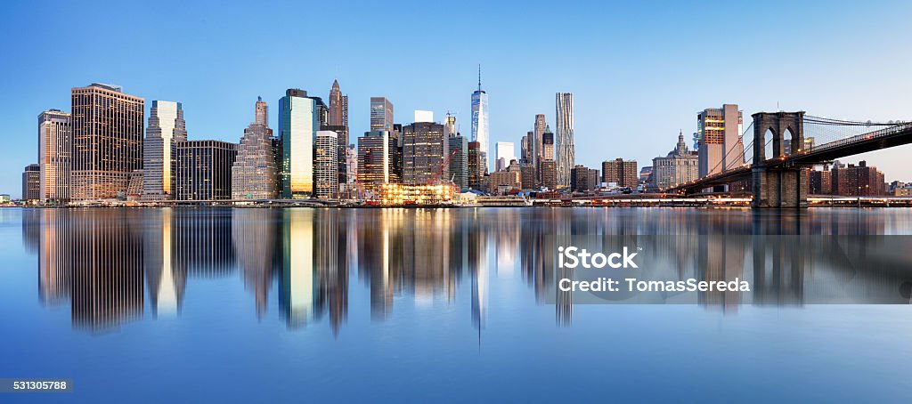 New York downtown panorama with brooklyn bridge and skyscrapers Urban Skyline Stock Photo