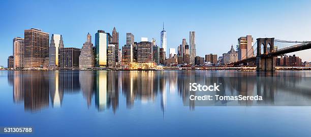 New York Downtown Panorama With Brooklyn Bridge And Skyscrapers Stock Photo - Download Image Now