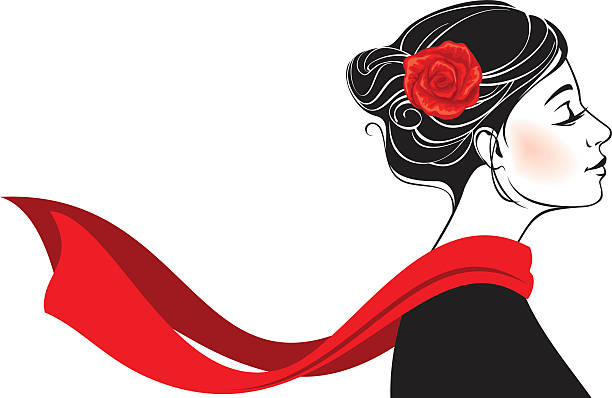 beautiful romantic woman with rose in her hair - üflemek illüstrasyonlar stock illustrations