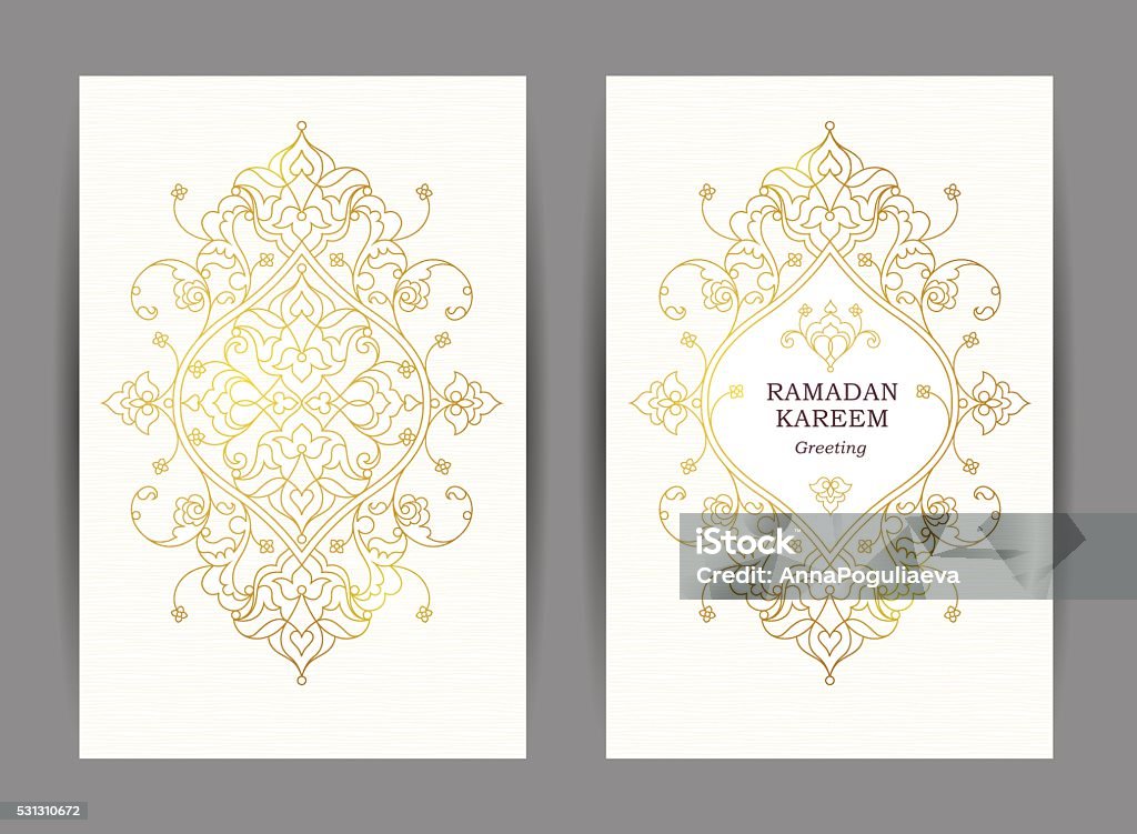 Ornate vintage cards in Eastern style. Ornate vintage cards. Outline floral golden decor in Eastern style. Template frame for Ramadan Kareem greeting card, invitation, certificate, leaflet, poster. Vector border with place for text. Line art decoration. Border - Frame stock vector