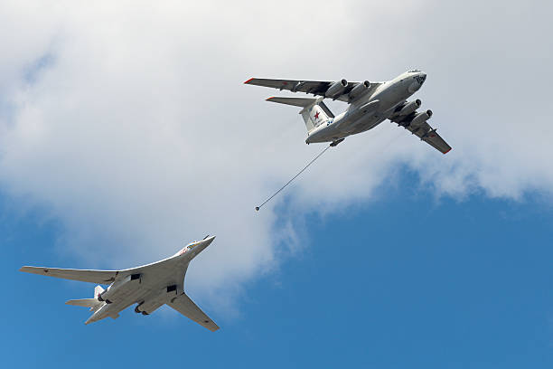 Simulation of in-flight refueling aircraft Il-78 and Tu-160 Moscow, Russia - May 07, 2016: Simulation of in-flight refueling aircraft Il-78 and Tu-160 during flying over Red Square. Dress rehearsal of the Victory Day parade on Red Square. tu160 stock pictures, royalty-free photos & images