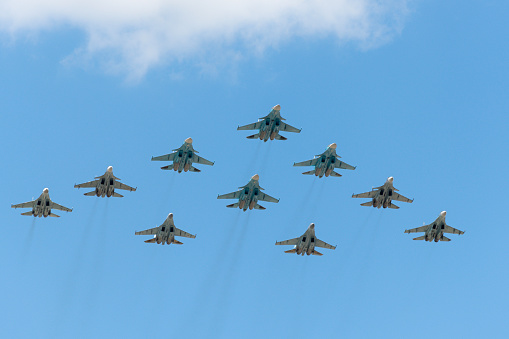 Moscow, Russia - May 07, 2016: The group of Russian fighters fly over Red Square. Dress rehearsal of the Victory Day parade on Red Square.