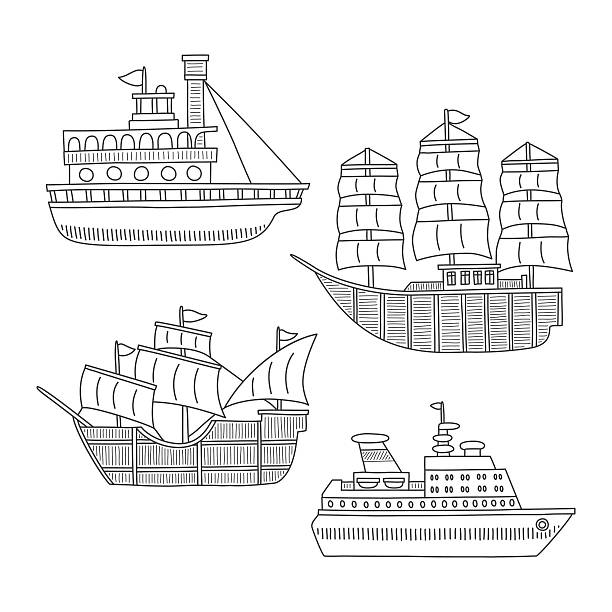 Set of monochrome vector doodle boats and ships isolated Set of monochrome vector doodle boats and ships isolated on white background ferry nautical vessel industrial ship sailing ship stock illustrations