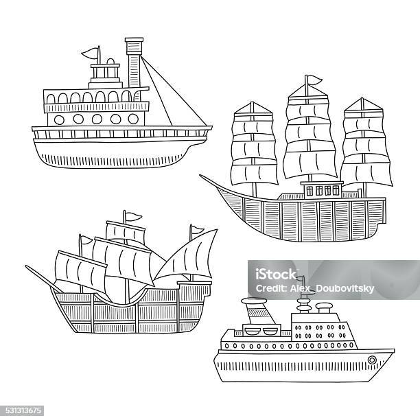 Set Of Monochrome Vector Doodle Boats And Ships Isolated Stock Illustration - Download Image Now