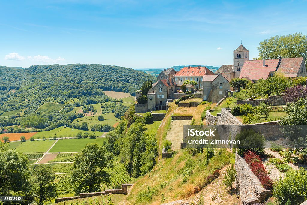 View of the picturesque medieval village in valley. View of the picturesque medieval village in valley. Chalon, Departement Jura, Franche-Comte, France Franche-Comte Stock Photo