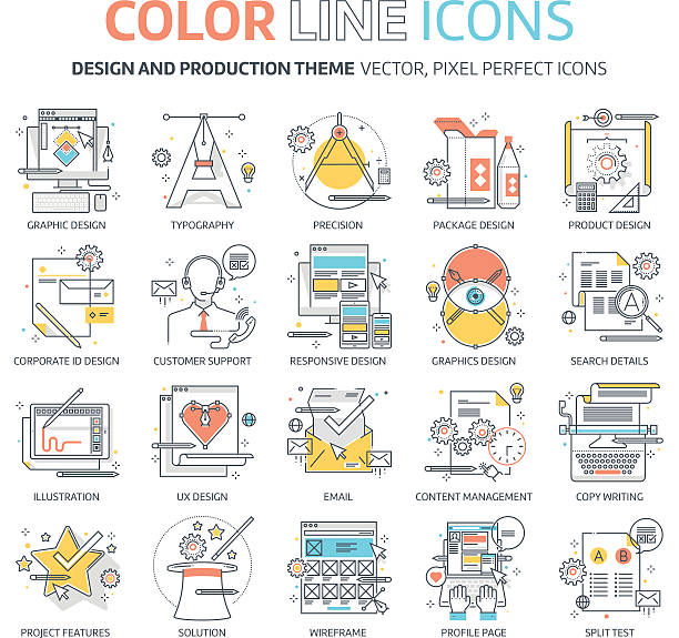 ilustrações de stock, clip art, desenhos animados e ícones de cor da linha, conceito de projeto ilustrações de ícones - flowchart flow chart computer software asking