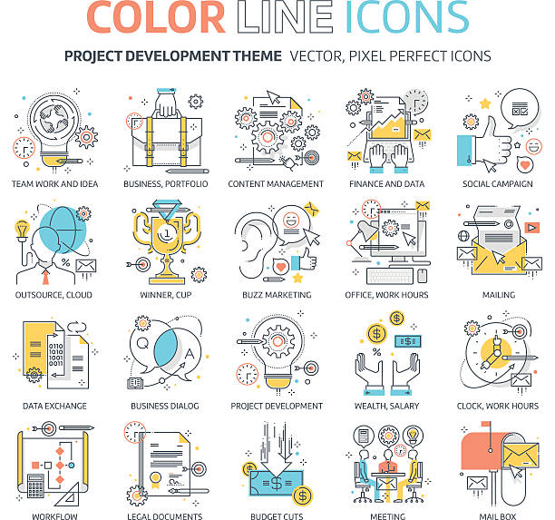 ilustrações de stock, clip art, desenhos animados e ícones de cor da linha, o conceito de desenvolvimento do projeto ilustrações de ícones - flowchart flow chart computer software asking