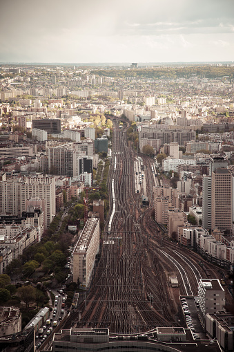 High angle view of Montparnasse train station, Paris, France