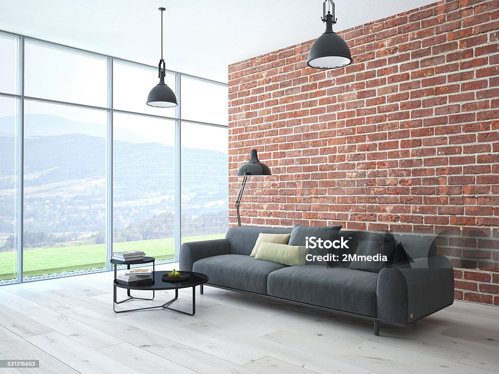 Loft interior with brick wall and coffee table Loft interior with brick wall and coffee table. 3d rendering 2015 Stock Photo