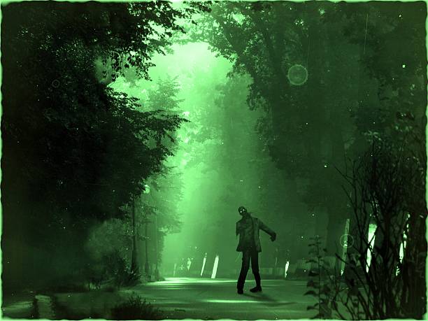 istock Scary horror zombie standing in night landscape, green background 531315766