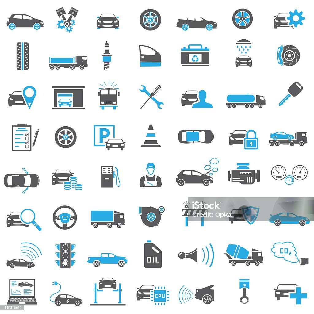 Auto Icons in Blue and Black Color Detailed auto icons in black and blue color, vector EPS 10. Icon Symbol stock vector