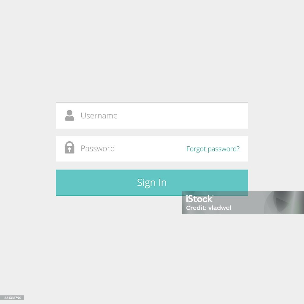 Login form, ui interface element, sign in button, username password Login box, login form, login ui interface element, login screen, sign in button, username and password inputs, log in icons, flat modern window vector design on grey background Log On stock vector