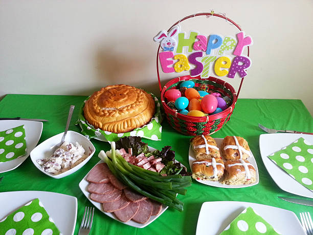 istock Easter lunch with ham, eggs and cross buns 531318037