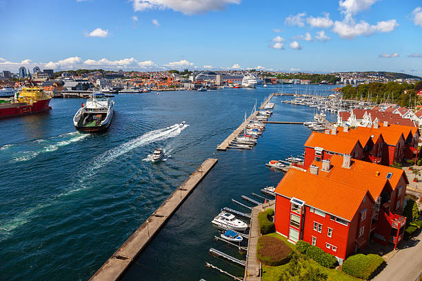 Cityscape of Stavanger, Norway under blue cloudy sky.