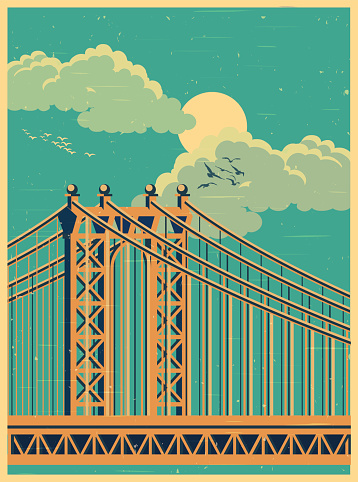 Stylized vector illustration of a large cable-stayed bridge old poster