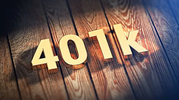 The sign "401k" is lined with gold letters on wooden planks. 3D illustration image