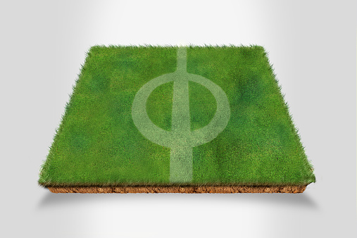 Football pitch on grass turf over white background.