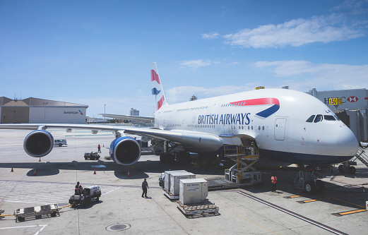 Los Angeles, USA - May 7, 2016: An editorial stock photo of a British Airways Airbus A380 passenger plane parked at Los Angeles International Airport (LAX Airport) 