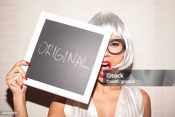 Young Nerd Woman Covers Face With Chalkboard That Says Original Stock Photo - Download Image Now