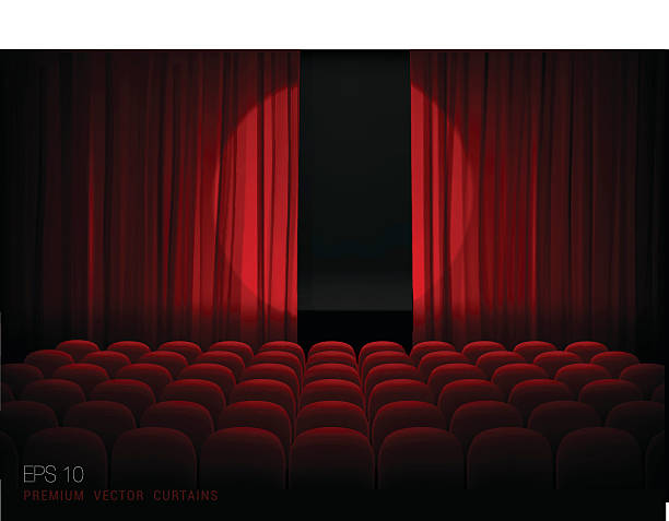 ilustraciones, imágenes clip art, dibujos animados e iconos de stock de teatro con cortina roja y proyectores - stage theater theatrical performance curtain seat
