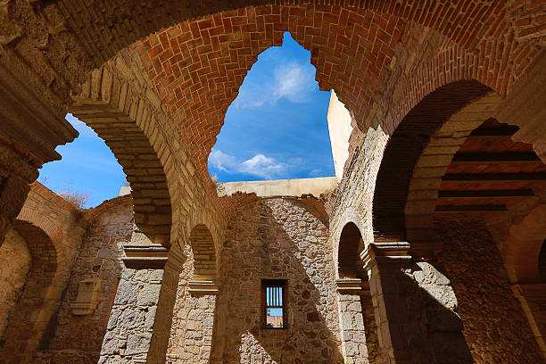 caved in arched ceiling on medieval building stock photo