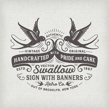 Retro style, hipster sign, badge with swallows, banners and textures. EPS 10 file. Fonts used: Hanley Font Collection. File is layered and global colors used. AI CS file included with editable text paths. More works like this linked below.