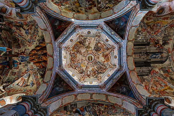 the detailed murals of the Atotonilco chapel ceiling in Mexico