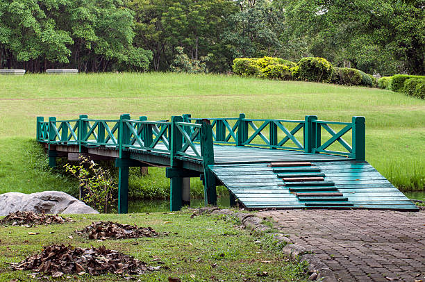 pasarela de madera sobre una brook en el parque - pond athwart footbridge bridge fotografías e imágenes de stock