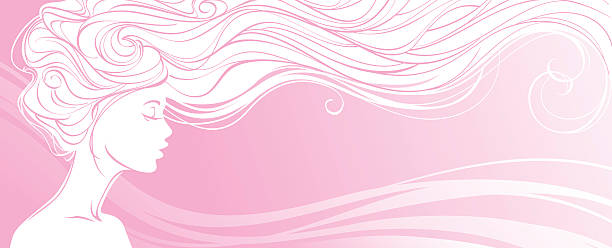 아름다운 의 실루엣 긴 모발 여자 에 핑크 배경기술. - 긴 일러스트 stock illustrations
