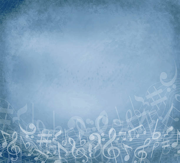 ilustrações de stock, clip art, desenhos animados e ícones de velho grunge azul fundo de música com notas brancas - treble clef music fire musical symbol