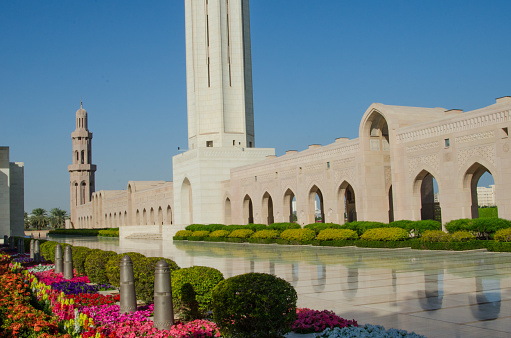 Sultan Qaboos Grand Mosque in Muscat, Oman.  The mosque is named for the Sultan of Oman, Qaboos bin Said.  The mosque was built over a period of six years mostly of Indian sandstone.  The main prayer carpet is one of the largest hand-woven carpets in the world.