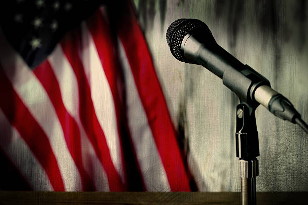 istock Old american flag and microphone. 531329848