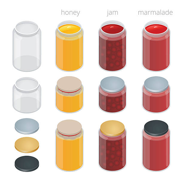 ilustrações de stock, clip art, desenhos animados e ícones de jarra de vidro com compota, configurar e mel. ilustração plana minibarra de ferramentas. - configure