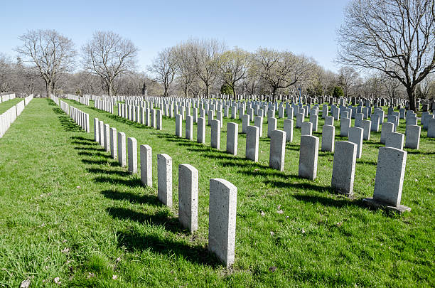 Rows of anonymous military headstones in a cemetary