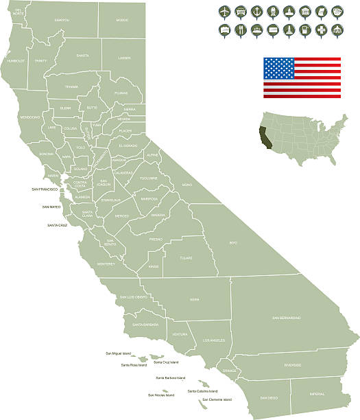 Map of California State Detailed map of California State with icons of organizations providing services, government organizations and structures. san francisco flag stock illustrations
