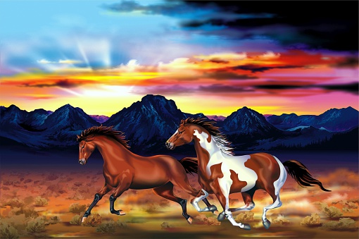 Two Running Wild Horses at the Sunset Artistic Illustration. Galloping Mustangs. Wilderness Prairies and the Mountains Range.